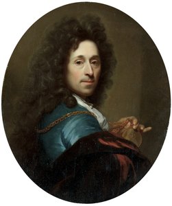 青いコートと茶色のベルベットのケープを着たアーティストの肖像画。選挙人パラティン、ヨハンヴィルヘルムのメダル 作： Godfried Schalcken