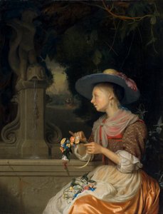 花の冠を編む女、1675-80年頃 作： Godfried Schalcken