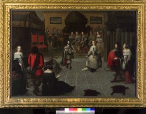 1660年5月、おそらく姪のエリザベス・ヴァン・デ・パルツ（1616-1680）とハーグ（オランダ）で踊るイングランド王チャールズ2世（1630-1685）。 作： Gonzales Coques