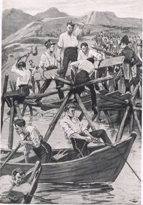 グアディアナに架かる橋の建設、1811年4月3日、「陸と海でのイギリスの戦い」のイラスト、ロンドン、カッセル発行、1910年 作： Gordon Frederick Browne