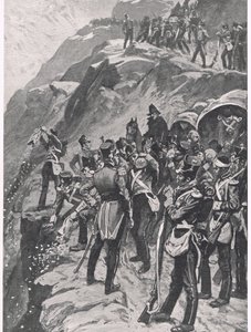 コルナへの隠れ家：シルバーを山腹に投げつけること、「陸と海での英国の戦い」のイラスト、ロンドン、カッセル発行、1910年 作： Gordon Frederick Browne