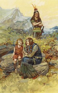 絆の女と息子のオラフ、朝日差しの中で座っていた（クロモリト） 作： Gordon Frederick Browne