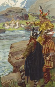 彼らは湖のほとりで、3人の乙女が座って亜麻（クロモリト）を回転させているのを見ました 作： Gordon Frederick Browne