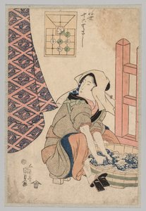 着席した女性が木製の浴槽で洗濯をしている様子、1786～1864 年。 作： Gototei Kunisada