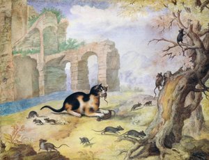 猫は風景の中でネズミを殺します（ペンとインクで紙を洗って）