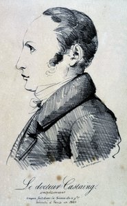 毒殺犯、キャスタン博士の肖像。1823年にモルヒネ塩、塩酸塩を使って友人のイポリット・バレエを殺害した。1824年にパリで処刑された。11月11日のセッションで描かれたスケッチをもとに、エンゲルマンがリトグラフにしたもの。 作： Gottfried or Godefroy Engelmann