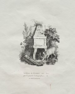 リソグラフィーテストのコレクション：木の彫刻を模した噴水c。 1816年。 作： Gottfried or Godefroy Engelmann