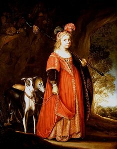 2つのグレイハウンドの空き地にいるダイアナの少女の肖像画 作： Govaert Flinck