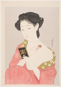 首をパウダーする長寿盤の女（シルバーマイカ地に色木版画）