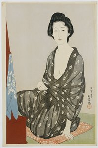 鏡の前に座っている白い花菱模様の黒い着物の美女1920 作： Goyo Hashiguchi