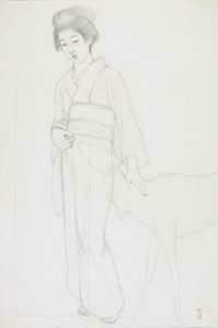 鹿をなでる女性の絵 作： Goyo Hashiguchi