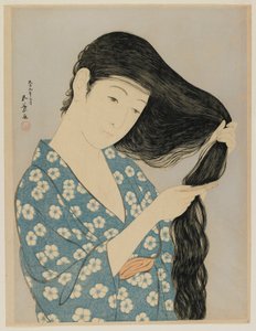 髪をとかす女大正1920年3月（色木版） 作： Goyo Hashiguchi