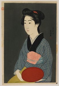 1920年1月大正時代皿を抱える女（色木版画）