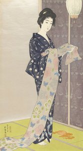 1920年夏の着物姿の若い女性（色の木版画） 作： Goyo Hashiguchi