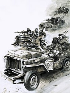 デイビッド・スターリングが「スターリングのレイダーズ」を率いて北アフリカのドイツ・イタリア空軍と戦う 作： グラハム・コトン