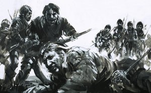フランシス・ドレーク卿一行は、船員の死後、地元の人々によって船に強制的に戻された。 作： グラハム・コトン