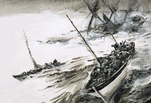 荒波の中を脱出する救命ボートを載せた難破船。 作： グラハム・コトン