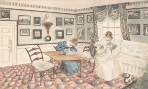 1820～30年、ウォリックシャー州ハットンの室内で書き物や縫い物をする若い女性2人。 作： Granddaughters of Dr. Samuel Parr.