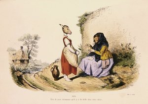 フクロウがロバの運勢を占う」1854年に復刻された「Les Metamorphoses du Jour」シリーズの風刺画（カラーエングレーヴィング）。 作： Grandville