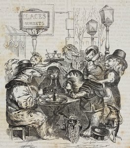 アイスクリーム屋に座る獣たち、ジャン＝ジャック・グランドヴィル（1803-1847）の風刺画の後にジョヴァンニ・マリアーニが描いたリトグラフ、『Piorama Pittoresco』n 24, 1月21日より 作： Grandville