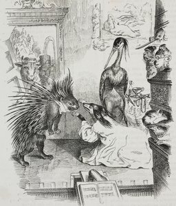 犬とヤマアラシ（Jean-Jacques Grandville (1803-1847)による風刺画、Giovanni Marianiによるリトグラフ（『Piorama Pittoresco』n 38, 4月30日より 作： Grandville