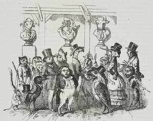劇場の出口」ジャン＝ジャック・グランドヴィル（1803-1847）の風刺画、ジョヴァンニ・マリアーニのリトグラフ（『Piorama Pittoresco』n 39, 5月7日より）。 作： Grandville