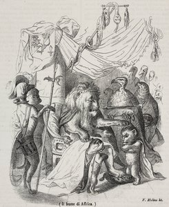 アフリカのライオン、アフリカのライオンと3頭の先住民の若いライオンの物語のキャラクター、Jean-Jacques Grandville（1803-1847）のデッサンの後、Filippo Molino（1804-1856）がリトグラフで描いたもの。