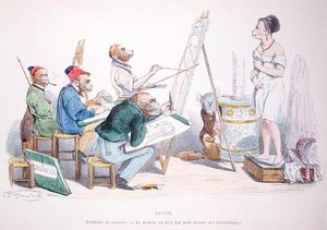 モデルは気晴らしを提供するために完璧に形成されている」1854年に再版された「Les Metamorphoses du Jour」シリーズの風刺画（カラーの彫刻版） 作： Grandville