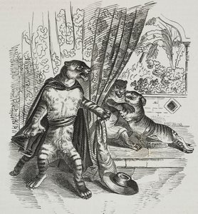 短剣を持って進む虎、ジャン＝ジャック・グランドヴィル（1803-1847）の風刺画、ガエターノ・リッチョのリトグラフ（『Piorama Pittoresco』n 39, 5月7日より 作： Grandville