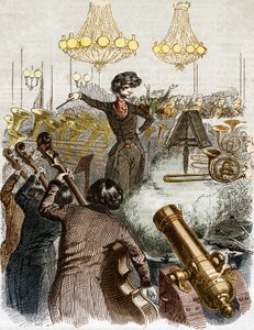 コンサートには機関銃がつきものです。オーケストラを指揮するヘクトル・ベルリオーズの漫画。グランビルが描いた「社会的地位を求めるジェローム・パトゥーロ」の中で。