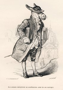 本を持ったアカデミックなロバ。JJ Granvilleによるイラスト入りのヴィネット。Honore De Balzacが「Scenes de la vie privee et publique」の中で書いた「Guide-ane a l