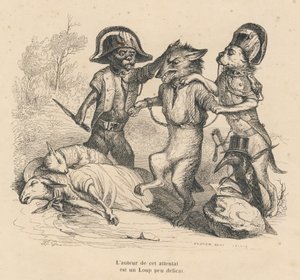 狼が2匹の羊を殺したところで逮捕。JJ Granvilleが描いたヴィネット。Emile de La Bedolliereが「Scenes de la vie privee et pebolliere」の中で書いた「Cour criminelle de justice animale」という部分にAndrew、Best、Leloirのサインが入ったエングレーヴィング。 作： Grandville