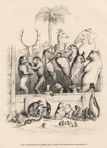 動物同士の会話。JJ Granvilleによるイラスト入りのヴィネット。動物の私的・公的生活の情景」のPJ Stahlが書いた "Resume parlementaire "と題されたプロローグにBreviereのサインが入ったエングレーヴィングがあります。パリ、J. Hetzel et Paulin 作： Grandville