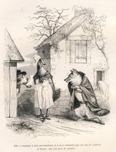 犬と雌鳥と狐の会話。JJ Granvilleが描いたヴィネット。シャルル・ノディエが "Scenes de la vie privee et publique des animaux "の中で書いた "Un renard pris au piege "という部分にゴダールのサインが入ったエングレーヴィング。パリ、J.H 作： Grandville