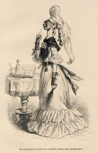 彼女が私の乱痴気騒ぎを証明するものを見てJJ Granvilleによるイラスト入りのヴィネット。オノレ・ド・バルザックが「Scenes de la vie privee et publique de de Paris」の中で書いた「Peines de cour d