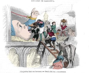 フランスの作家、フランソワ・ラブレー（1483-1553）の小説に登場するキャラクター、ガルガンチュア。"ガルガンチュアの教育」 揺りかごの中のガルガンチュア（Gargantua）。ジェラール・グランドヴィル（1803-1847）によるイラスト 19世紀 作： Grandville