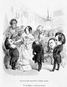 4人の作家に囲まれたジョルジュ・サンド（Aurore Dupin, Baronne Dudevant）（1804-1876）。ウジェーヌ・スー、オノレ・ド・バルザック、フランツ・リッツ、ヴィクトル・ユーゴー - ジェローム・パチュロー「社会的地位を求めて」より 作： Grandville