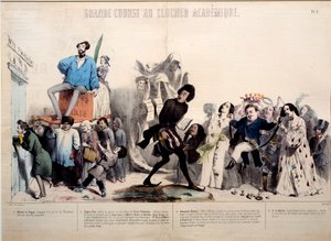 アカデミックな鐘楼への素晴らしい競演。作家のアルフレッド・ド・ヴィニー（1797-1863）、ウジェーヌ・スー（1804-1857）アレクサンドル・デュマ（1802-1870）、オノレ・ド・バルザック（1799-1850）が認められている。ジェラール・グランドヴィル（1803-1847）によるエングレーヴィング 作： Grandville