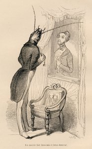 鏡に映った人間の姿を見る昆虫）。)JJ Granvilleによるイラスト入りのヴィネット。動物の私的・公的生活の情景」にPJ Stahlが書いた「Les aventures d un papillon」の部分にAndrew、Best、Leloirのサインが入ったエングレーヴィング。 作： Grandville