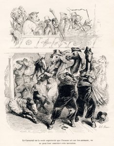 馬のカーニバルです。JJ Granvilleが描いたヴィネット。オノレ・ド・バルザックが「動物の私的・公的生活の情景」に書いた「アフリカから来たライオンのパリへの旅」という部分にTamisierのサインが入ったエングレーヴィングが施されています。パリ、J. Hetzel et Paul 作： Grandville