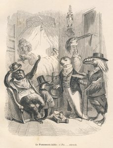 怠け者は待ってましたとばかりにあくびをした。JJ Granvilleが描いたヴィネット。ピエール・ベルナールが "Scenes de la vie privee et publique des animaux "の中で書いた "Les animaux medecins "という部分にゴダールのサインが入ったエングレーヴィング。パリ、J. Hetzel et Paulin 作： Grandville