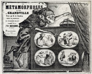 文学。風刺画家ジャン・ジャック・グランドヴィルの「日々の変態」。ポスター（フランス 作： Grandville