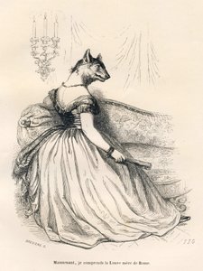 肘掛け椅子に座る雌狼。JJ Granvilleによるイラスト入りのヴィネット。ジョージ・サンドが『動物の私的・公的生活の情景』の中で書いた "Voyage d