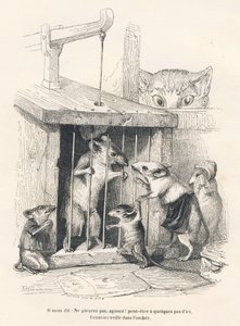 Trap : 捕虜になった人を泣かせに来るネズミを見張っている猫。JJ Granvilleによるイラスト入りのヴィネット。Scenes de la vie privee "の中でEdouard Lemoineが書いた "Le rat philosophe "というタイトルの部分にAndrew、Best、Leloirのサインが入ったエングレーヴィング。 作： Grandville