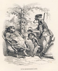 犬に止められたキツネ。JJ Granvilleが描いたヴィネット。シャルル・ノディエが "Scenes de la vie privee et publique des animaux "の中で書いた "Un renard pris au piege "という部分にゴダールのサインが入ったエングレーヴィング。パリ、J. Hetzel et Paulin 作： Grandville