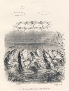 水の動物とトンボのラウンド。JJ Granvilleによるイラスト入りのヴィネット。Scenes de la vieie et publique des animaux "にPJ Stahlが書いた "Souvenirs d