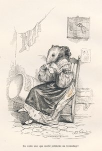 靴下を繕うネズミ。JJ Granvilleによるイラスト入りのヴィネット。エングレーヴィングには、Edouard Lemoineが "Scenes de la vie privee et publique des animaux "の中で書いた "Le rat philosophe "という部分にAndrew、Best、Leloirのサインが入っています。パリ、J. Hetzel e 作： Grandville