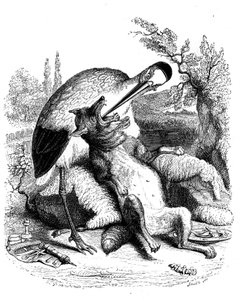 オオカミとコウノトリ：ラ・フォンテーヌの寓話（グランヴィル挿絵）。ガルニエ版1860年。コウノトリは医者として描かれている。