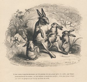 怪我をしたおじいさんの話を聞く3人のウサギの子供たち。JJ Granvilleが描いたヴィネット。エングレーヴィングには、PJ Stahlが「Scenes de la vie privee et publique des animaux」に書いた「Histoire d