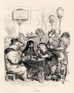 様々な動物たちが集まるカフェです。JJ Granvilleによるイラスト入りのヴィネット。Honore de Balzacの "Scenes de la vie privee et publique des animaux "の中の "Voyage d